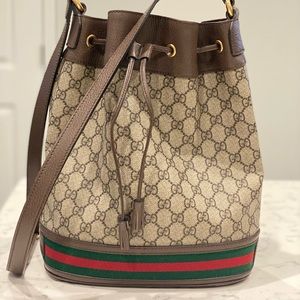 Gucci GG Supreme Monogram Web Ophidia Bucket Bag Brown